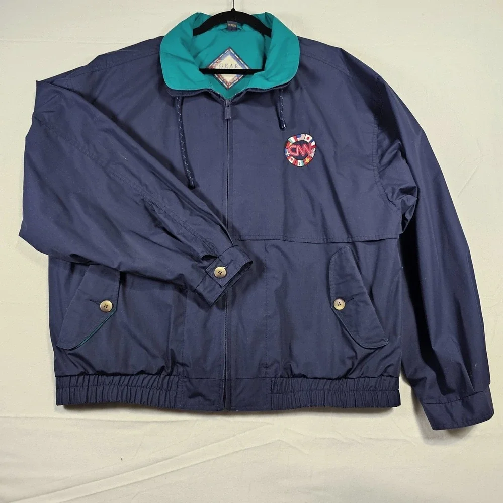 Vintage GEAR for SPORTS CNN Logo Bomber Jacket Navy Teal XL‎ Made in Hong Kong